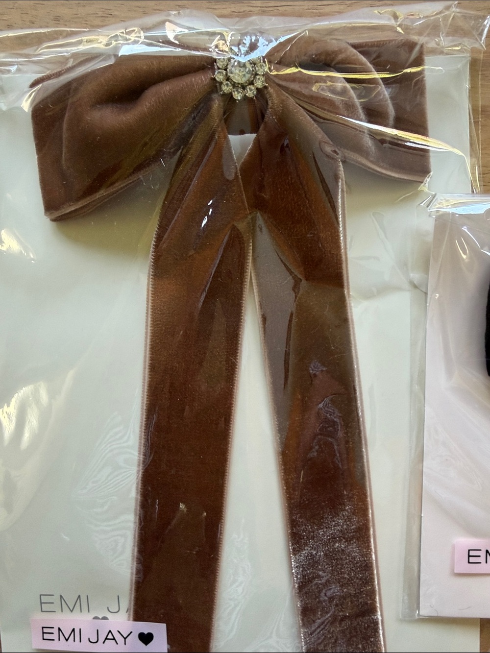Emi Jay Brown Velvet Ribbon Bow with Rhinestone Center - Picture 2 of 4
